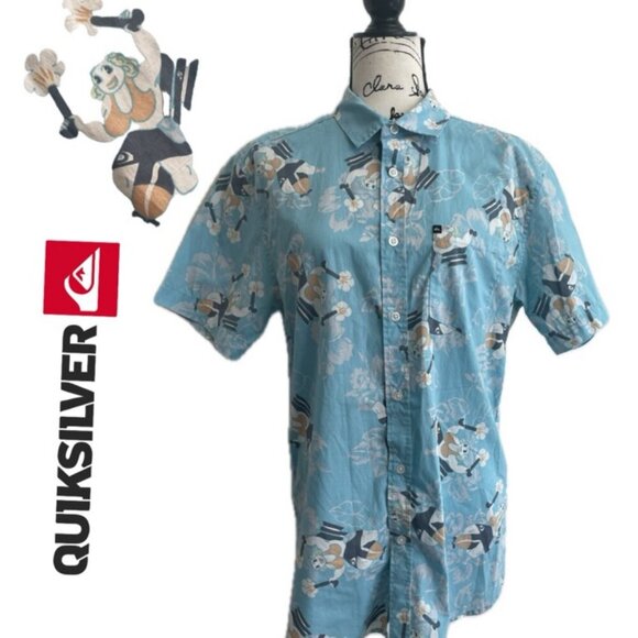 QUICKSILVER HAWAIIAN SHIRT NAUGHTY MAMA IN A ROCKET PRINT SZ M VERSATILE ICONIC - Picture 1 of 16